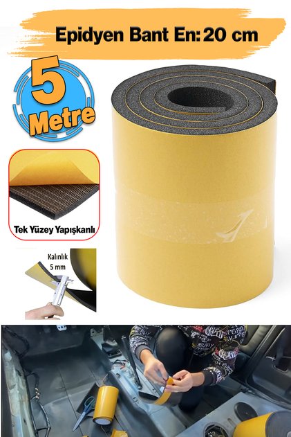 Yapışkanlı (5 MM EN:20 CM X 5 MT) Oto Araç Motor Ses Isı Yalıtım Izolasyon Bandı Kauçuk Sünger