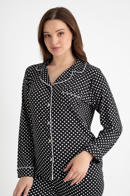 Women's Black Polka Dot Pajama Set Long Sleeve, Button down
