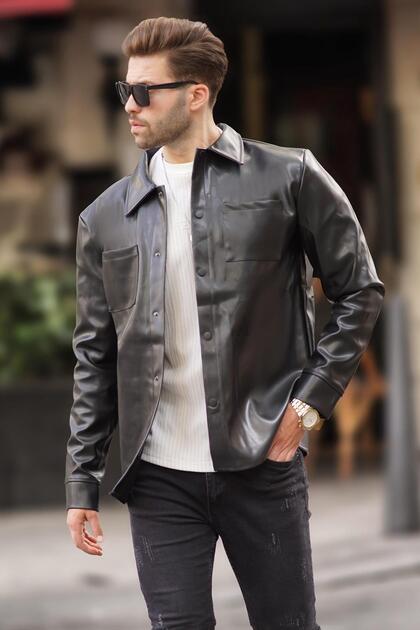 Madmext Black Faux Leather Buttoned Shirt Collar Jacket with