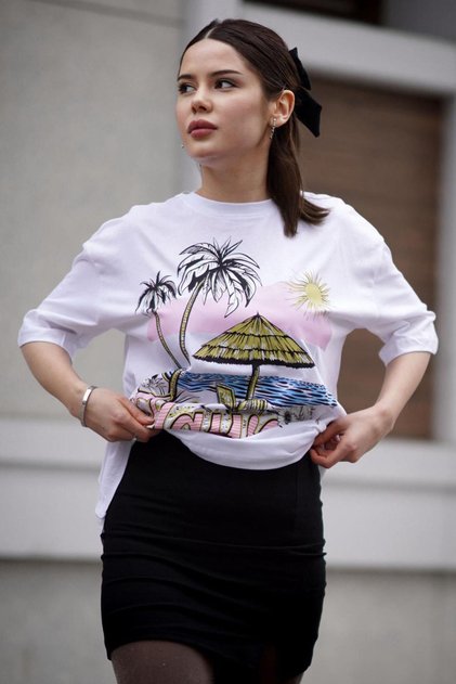 White Printed Crew Neck Women's T-Shirt Mg1765