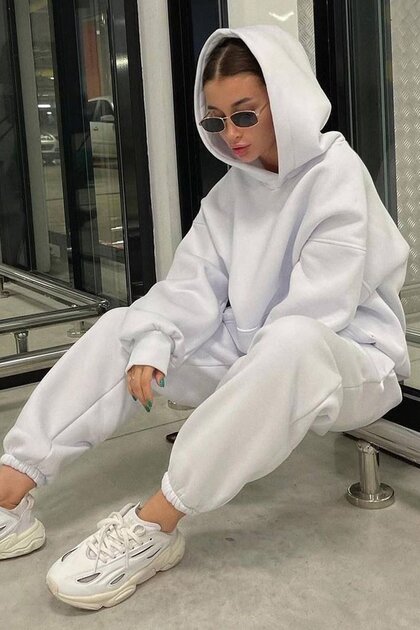 Ekru Kapüşonlu Oversize Kadın Eşofman Takımı Mg1609