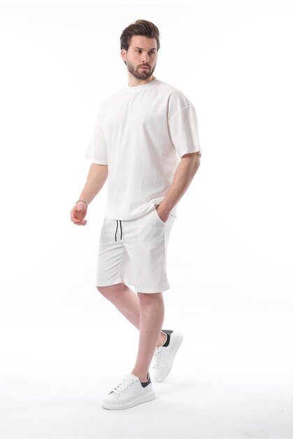 Ecru Crew Neck Men's Shorts Set 5949