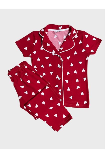 Girl's 100% Cotton Red Heart Patterned Shirt Collar Buttoned Short Sleeve Pajama Set