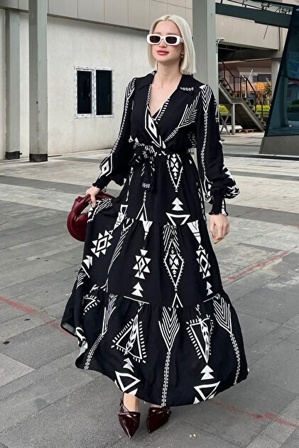 Settann 2トーンマキシドレス Madmext Siyah Desenli Kruvaze Yaka Uzun Kadın Elbise MG2052