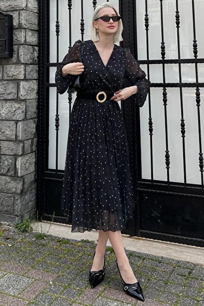 Madmext Black Double-breasted Collar Polka Dot Chiffon Dress MG2065-  Trendyol
