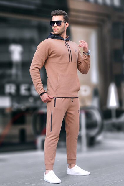 Beige Zippered Hooded Men's Tracksuit Set 6843