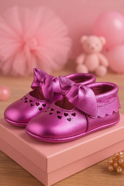 Coco Genuine Leather Fuchsia Bow Elastic Baby Booties