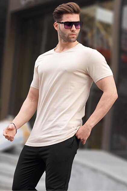 Βασικό T-Shirt με λαιμόκοψη σε μπεζ 5281