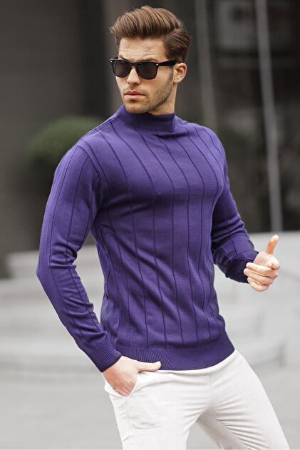 Navy Blue Slim Fit Half Turtleneck Striped Non-Pilling Men's Knitwear Sweater 6344