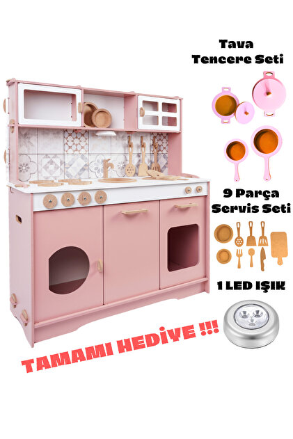 HOBBY HOUSE Pembe Ahşap Oyuncak Çocuk Mutfak Seti 9 Parça Servis