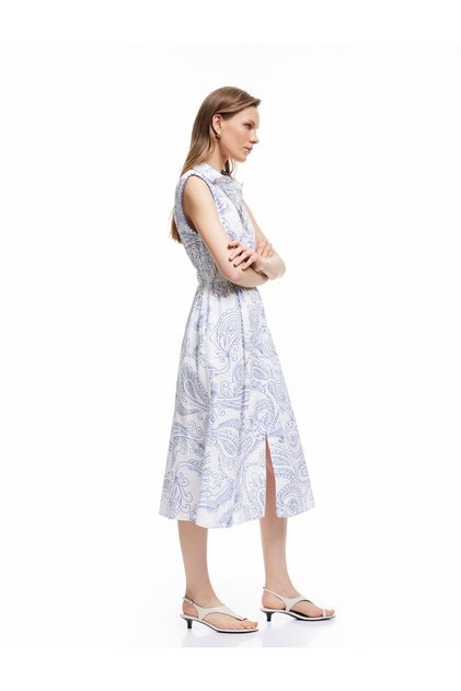 Cotton Ethnic Patterned Buttoned Embroidered Detail Sleeveless Midi Shirt Dress