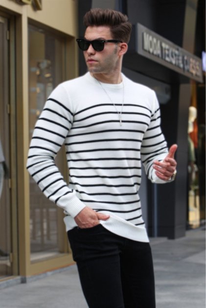 Bone Striped Crew Neck Knitwear Sweater 5992