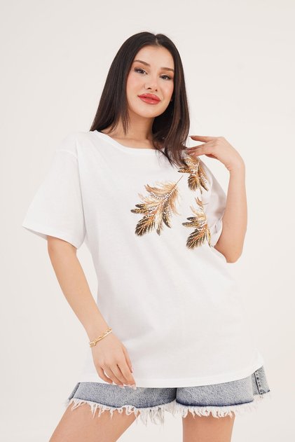 White Basic T-Shirt with Feather Pattern and Stone Detail