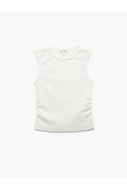 Crew Neck Cotton Ribbed Slim Fit Sleeveless Smocked Blouse