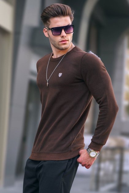 Koyu Kahverengi Bisiklet Yaka Regular Fit Basic Sweatshirt 5799