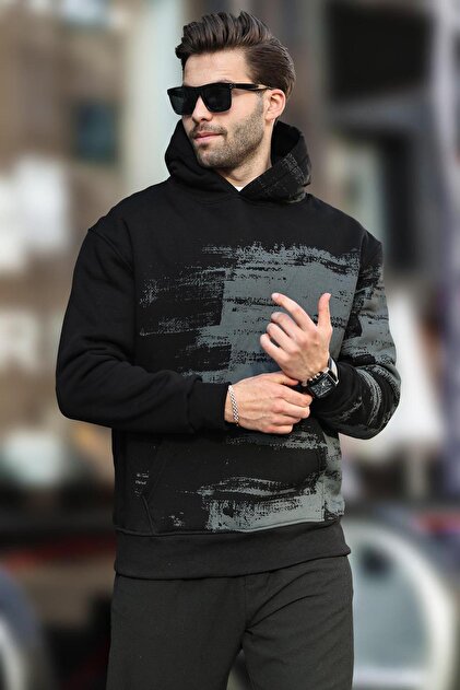 Madmext Siyah Kapüşonlu Desenli Cep Detaylı Erkek Sweatshirt 7059