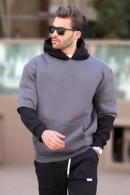 Smoked Hooded Men's Sweatshirt with Pocket Detail 7071