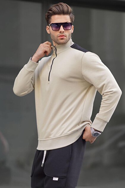 Beige Zipper Collar Basic Men's Sweatshirt 6157