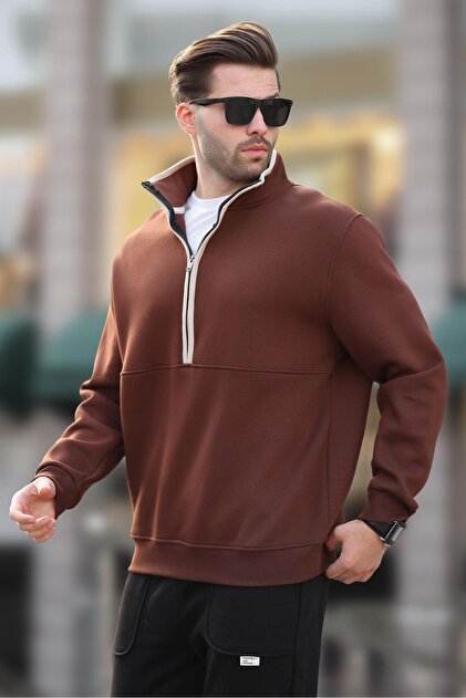 Bitter Brown Stand Collar Half-Zip Sweatshirt 7079