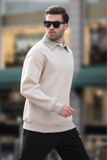 Beige Polo Neck Men's Sweatshirt 7086