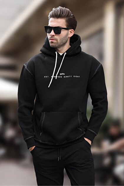 Madmext Siyah Kapüşonlu Nakış Detaylı Cepli Erkek Sweatshirt 7066