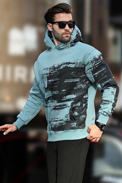 Madmext Mavi Kapüşonlu Desenli Cep Detaylı Erkek Sweatshirt 7059