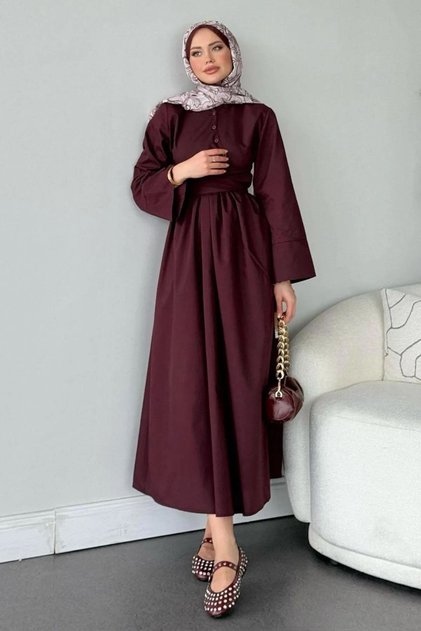 Linen Side Cross Tie Dress-Burgundy