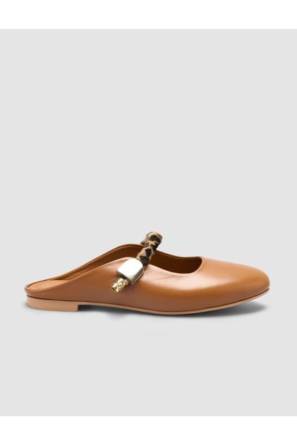 Papuci de damă 100% piele naturală, cafeniu, cu detalii leopard