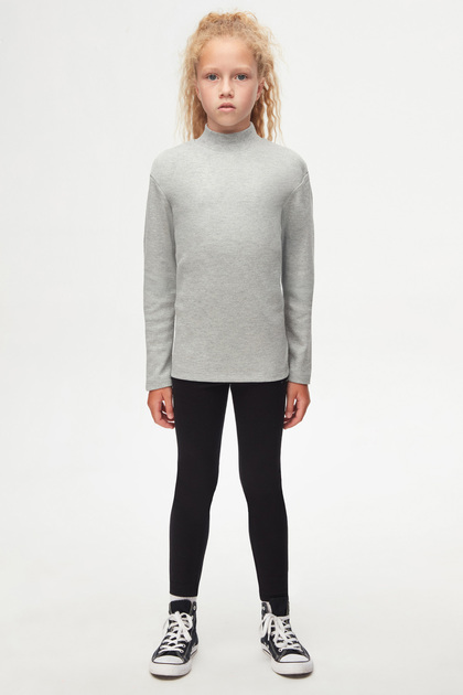 Light Gray Basic Winter Half Turtleneck Long Sleeve Girls' T-Shirt