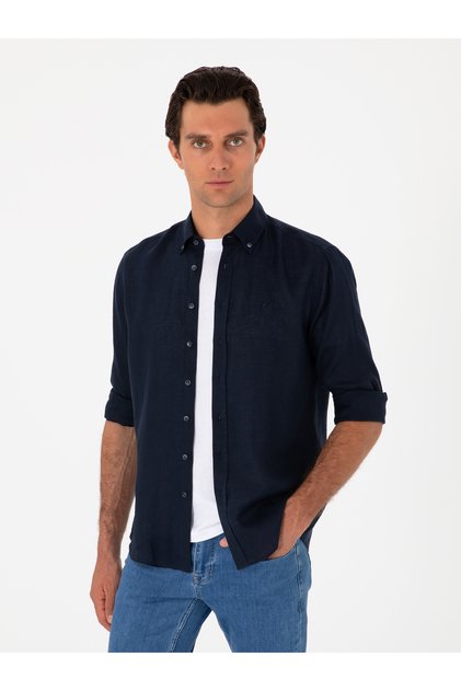 Navy Blue Regular Fit 100% Linen Shirt 50303617-Vr033
