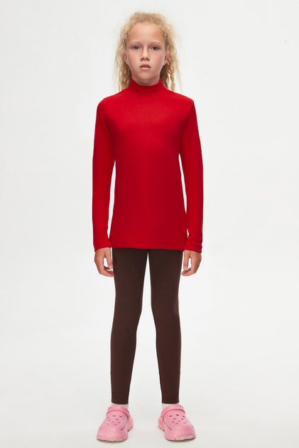 Red Basic Winter Half Turtleneck Long Sleeve Girls' T-Shirt