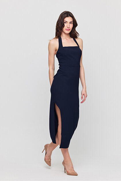 Women's Neck Tie Square Neck Slit Midi Dress
