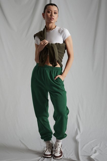 Women's Dark Green Elastic Waist Oversize Sweatpants Mg1235