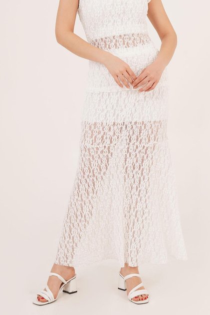 High Waist Romantic Lace White Long Skirt