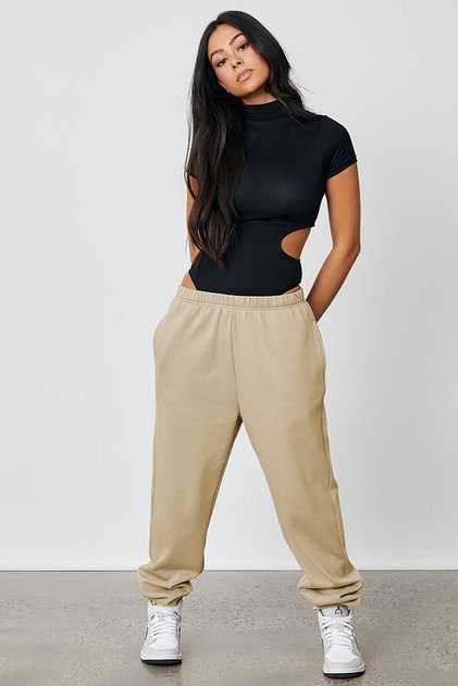 Women's Beige Elastic Waist Oversize Sweatpants Mg1235