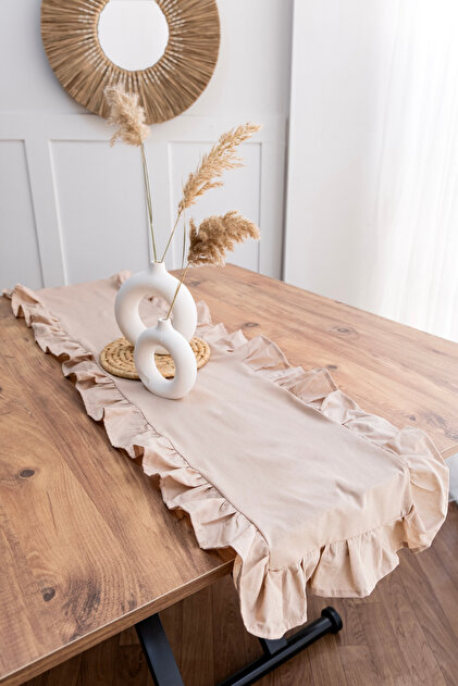 Natural Brown Frilly Linen Runner - 40X150 cm
