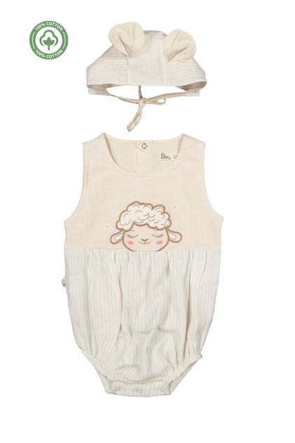 Baby Girl Muslin Jumpsuit 100% Cotton with Snap Hat Ecru Kuzulu Summer Baby Jumpsuit