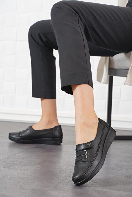 Mnia Rubber Velcro Genuine Leather Women's Shoes Black Skin