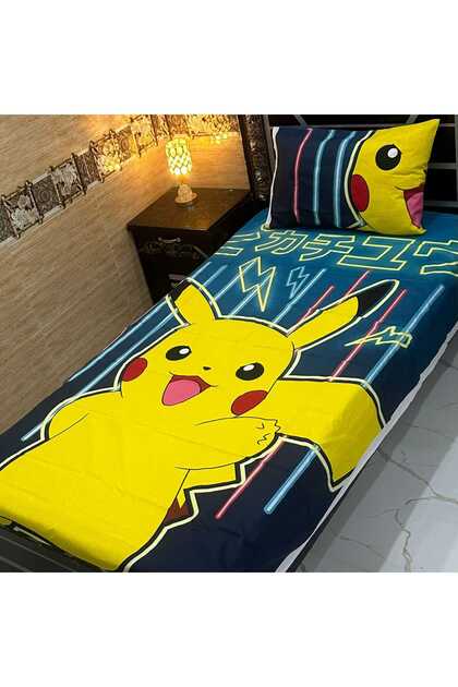 Kids Carton Poke mon Bedsheet Single [ 1 Single Bedsheet + 1 Pillow cover]