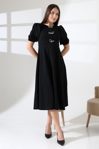 Watermelon Sleeve Midi Dress with Metal Accessories - Black