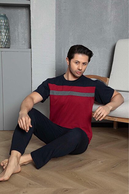Moon Piece Short-Sleeved Men's Burgundy Cotton Pajamas Set