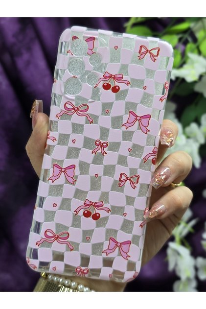 Samsung Galaxy A32 Compatible Ribbon and Cherry Pattern Transparent Phone Case