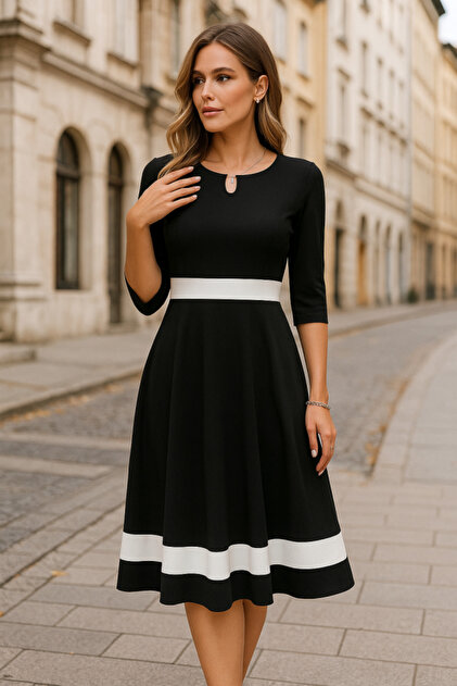TUA MODA Tua Fashion Women's Three Quarter Sleeve Collar Open Color Block  Crepe Midi Dress- Trendyol