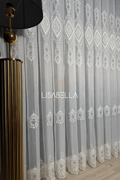 Palace Breeze Heavy Velvet Cord Embroidered Drapey Tulle Curtain(No Pleats Straight Stitching)