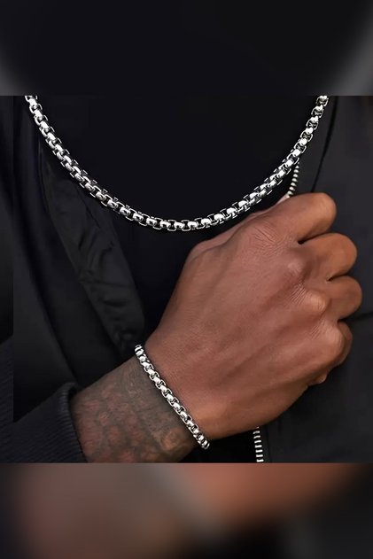 Knitted Model Silver Men's Tarnish-Free Steel Necklace and Bracelet Chain