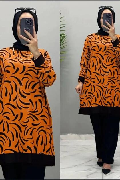 Ni̇lay Takim Soft Textured Latin Fabric Women's Orange Self-Patterned Two-Piece Suit with Pants