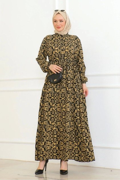 Viscose Dress with Tie - Mustard
