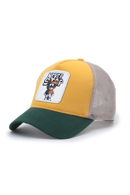 Never Stop Bear Model Replaceable Emblem Mesh Cap Green Yellow Cream