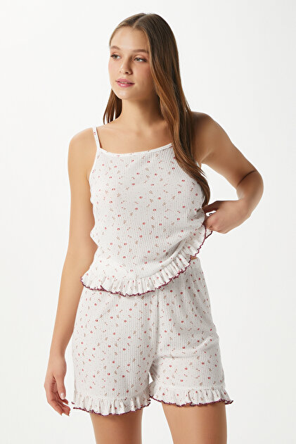 Women's Paula Powder Tiny Floral Ruffle Shorts Pajama Set