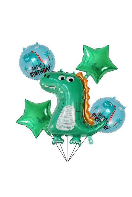 Baloane Happy Birthday, Set 5 buc Figurina Dinozaur Stelute Verzi si Baloane Albastre, 50 - 70 cm